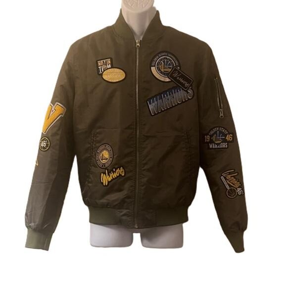NBA Golden State Warriors Jacket, NBA, Army Green With Patches. Size S, Full Zip - Picture 1 of 7